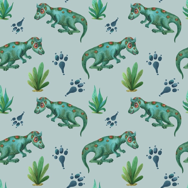 Watercolor green dinosaur Cute gasosaurus with leaves of grass on a gray background