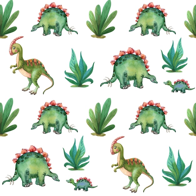 Watercolor green dinosaur twig with green leaves of grass Cute stegosaurus