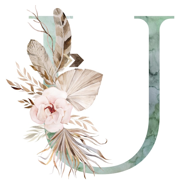 Watercolor green letter U with dried leaves and tropical flowers bouquet Boho illustration