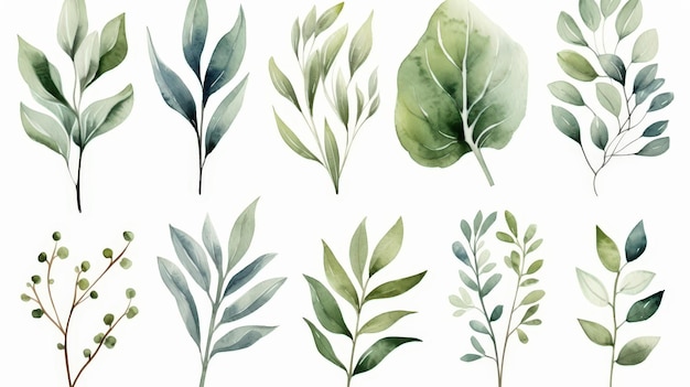 Photo watercolor greenery leaves set