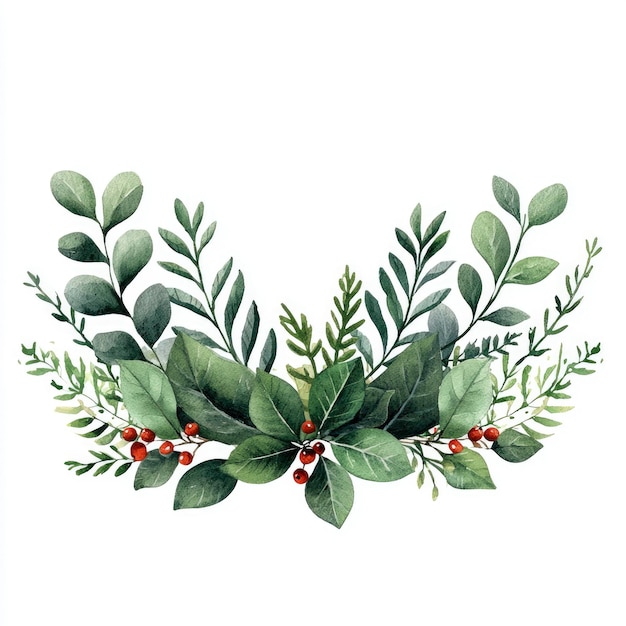 Watercolor Greenery Wreath with Red Berries