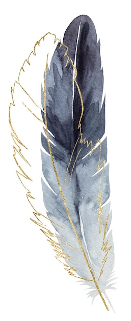 Watercolor grey and gold feathers glitter outlines Bohemian element illustration isolated