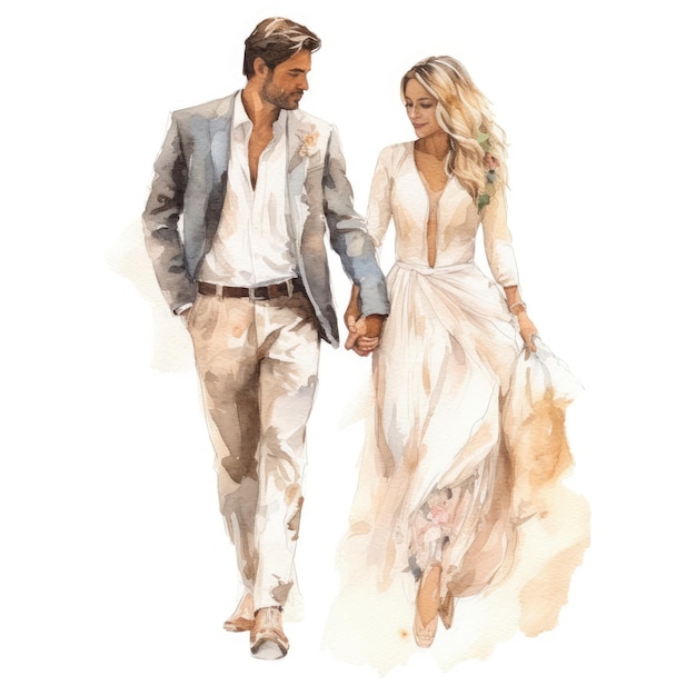 Watercolor of a groom holding his bride's hand and walking along