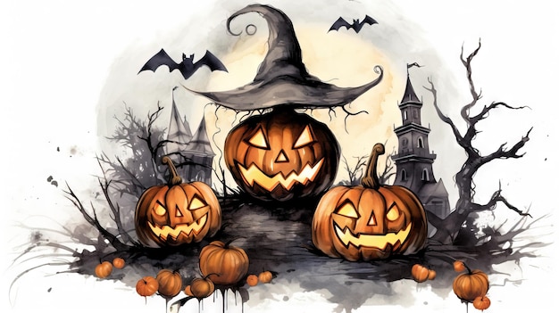 Watercolor halloween background halloween watercoolor illustration Ai generated high resolution Halloween illustration on white background