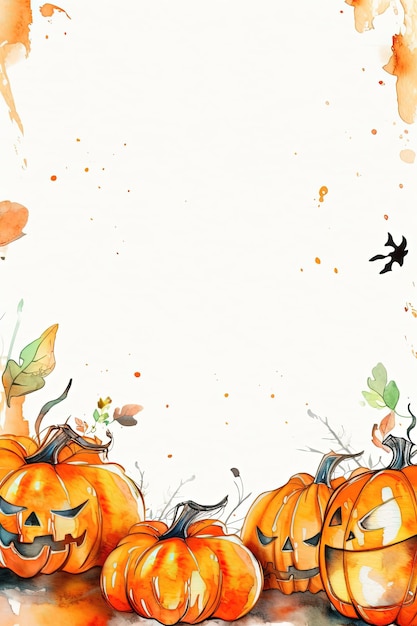 Watercolor Halloween background with pumpkins and leaves Hand drawn illustration style Place for text Greeting card template