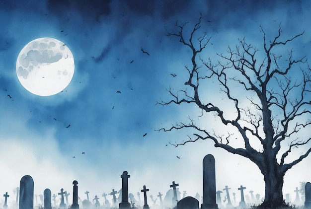 Watercolor Halloween backgrounds with old cemetery gravestones spooky leafless trees