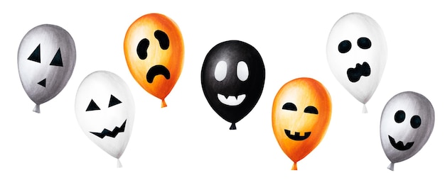 Watercolor Halloween balloons illustration with scary faces Hand painting orange black white balloon