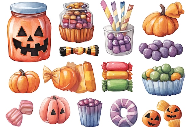 Photo watercolor halloween candy and pumpkin clipart