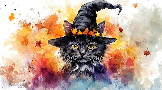 Watercolor Halloween cat wearing a witch hat autumn background