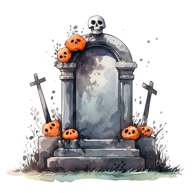 Watercolor halloween cute cartoon tombstone isolated Illustration AI GenerativexA