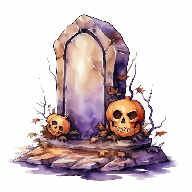 Watercolor halloween cute cartoon tombstone isolated Illustration AI GenerativexA