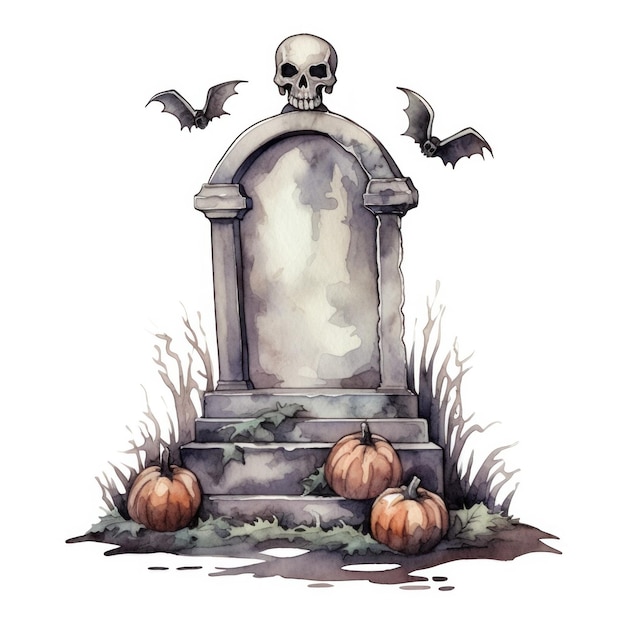 Watercolor halloween cute cartoon tombstone isolated Illustration AI GenerativexA