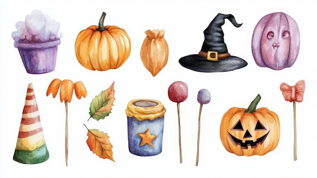 Photo watercolor halloween icons set for trick or treat including pumpkin witch hat candy leaves