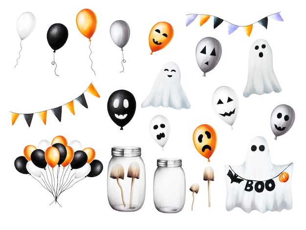 Watercolor Halloween illustrations with scary faces on baloons festive flags pumpkin toadstools in a