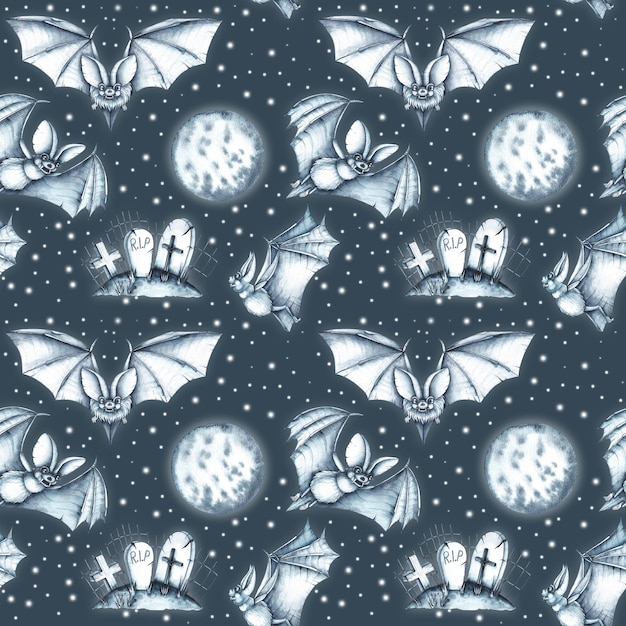 Watercolor Halloween pattern with Cemetery Bats