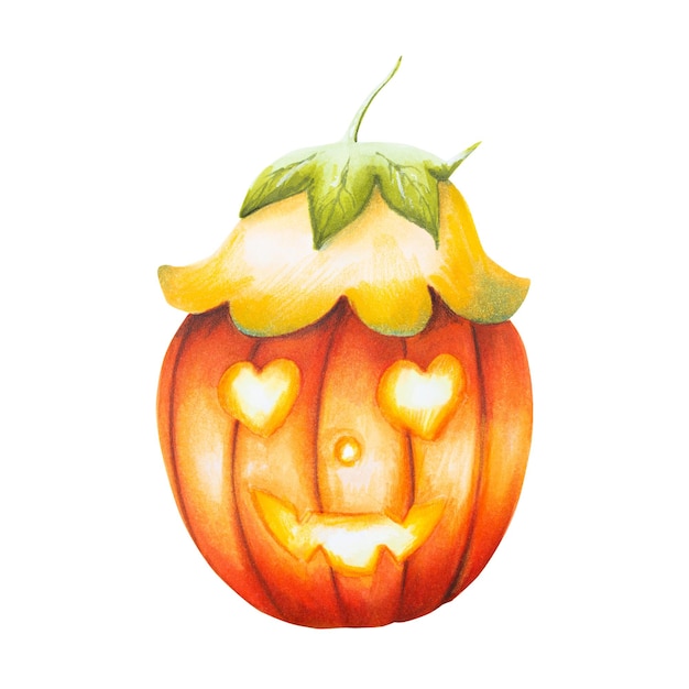 Watercolor halloween pumpkin with hat Happy magical hand painting for holiday isolated on white