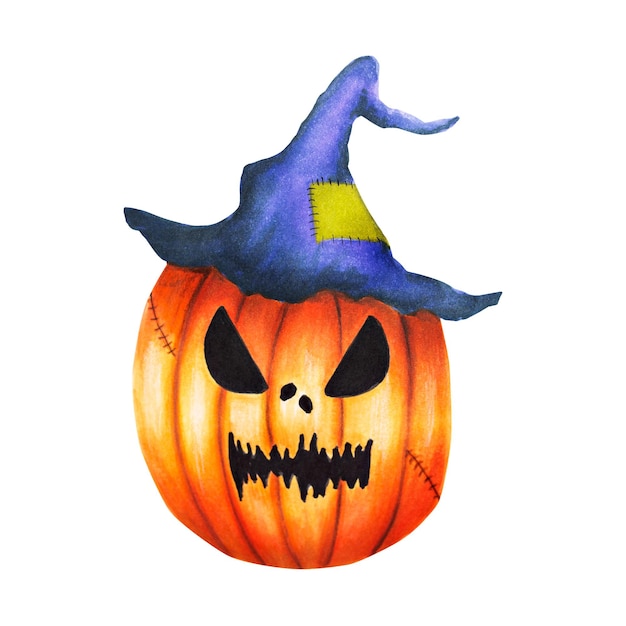 Watercolor halloween pumpkin with scars in a hat Scaring magical hand painting for holiday isolated