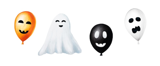 Watercolor Halloween set with balloons and cute ghost illustration with scary faces Hand painting or