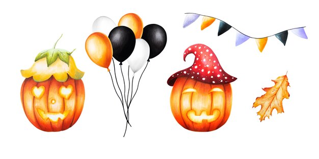 Watercolor Halloween set with bunch of balls illustrations pumpkins with hats autumn leaf and festiv