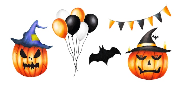 Watercolor Halloween set with bunch of balls illustrations pumpkins with hats bat and festive flags