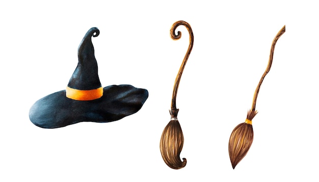 Watercolor halloween witch's brooms and hat illustration Hand painting sketch isolated on white back