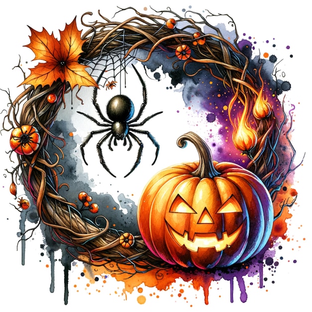 Watercolor halloween wreath with spider and pumpkin Hand painted holiday template