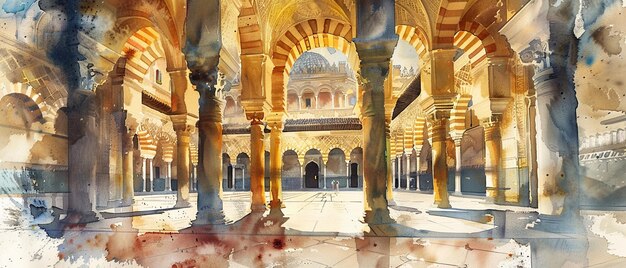 Photo watercolor hand draw the great mosque of cordoba in spain is a masterpiece of moorish architecture