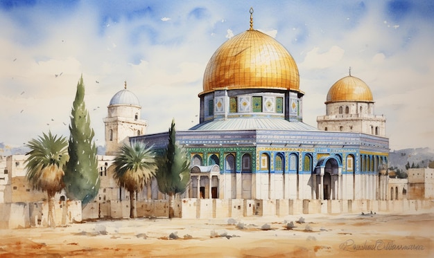 Watercolor hand drawn architecture of Israel Jerusalem Mosque Dome of the Rock isolated