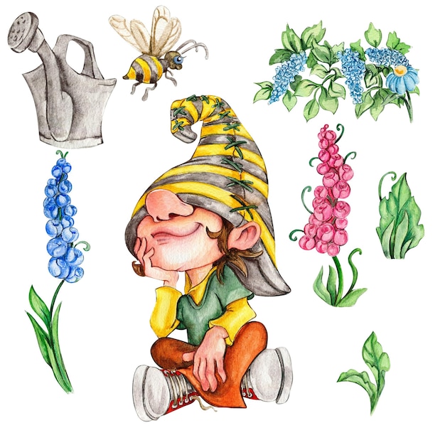 Photo watercolor hand drawn cute nordic gnomes scandinavian gnomes and flowers and leaves