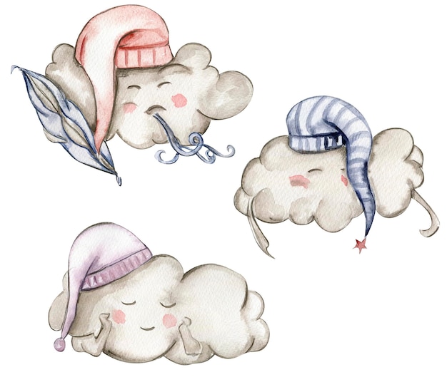 Watercolor hand drawn cute white sleeping clouds in cartoon style