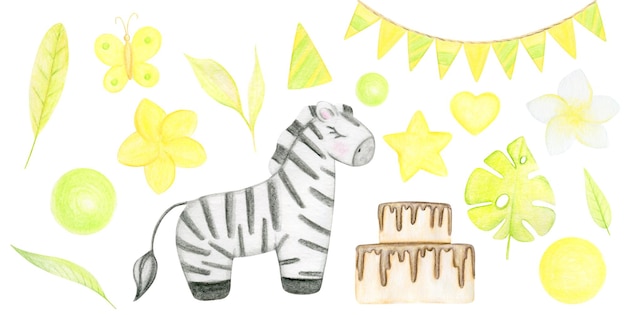 Watercolor Hand Drawn Cute Zebra Birthday Holiday Set Illustration