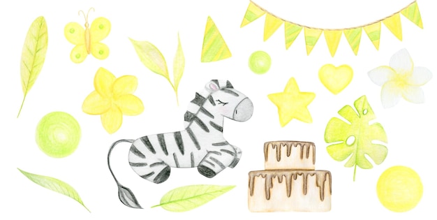 Watercolor Hand Drawn Cute Zebra Birthday Holiday Set Illustration