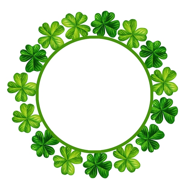 Watercolor hand drawn four leaf clover round frame for St. Patrick's Day for good luck.