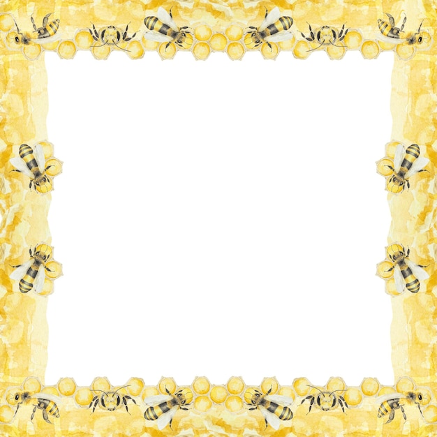 Watercolor hand drawn frame of bees and honey isolated on white background