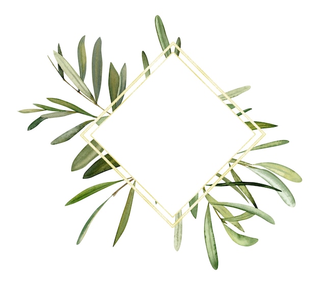 Watercolor hand drawn frame with olive leaf and olives