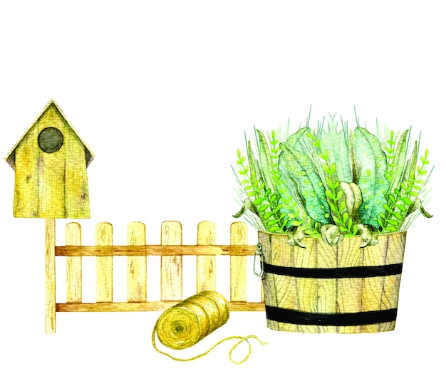 Watercolor hand drawn garden elements with pots, flowers, garden tools, wooden fence and birdhouse.