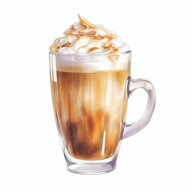 Watercolor Hand Drawn Hot and Ice Coffee Latte Expresso Cream Top Cappuccino on White Background