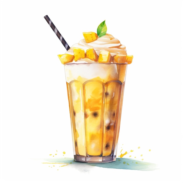 Watercolor Hand Drawn Ice Mango Float Yellow Cold Drinks Glass of Delicious fruit Cocktail on White