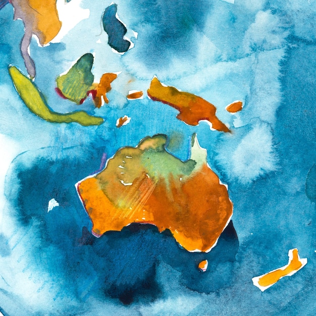 Watercolor hand drawn map of Australia. Watercolour illustration.