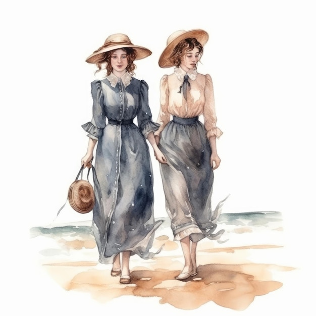 Watercolor hand drawn painting illustration of victorian girls generative AI