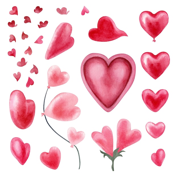 Watercolor hand drawn pink heart set