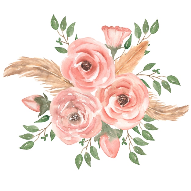 Watercolor hand drawn  pink roses flower bouquet  illustration with green leaves, buds, feathers and branch. Wedding bouquets.