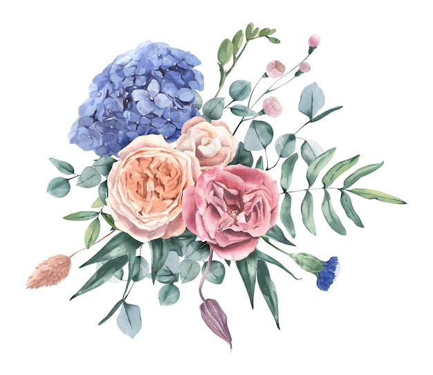 Watercolor hand drawn rose hydrangea and eucalyptus bouquet Perfect for invitation and social media