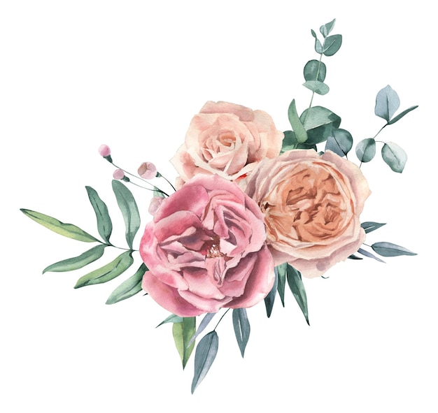 Watercolor hand drawn roses and eucalyptus bouquet Perfect for invitation and social media