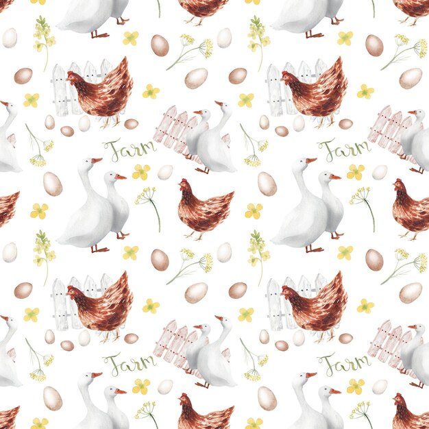 Photo watercolor hand drawn rural seamless pattern with hen goose and eggs farm illustaration