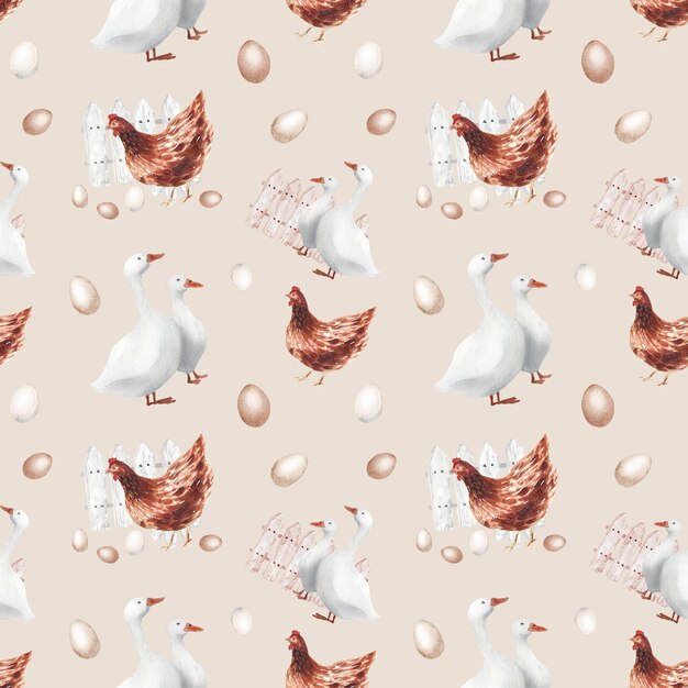 Photo watercolor hand drawn rural seamless pattern with hen goose and eggs farm illustaration