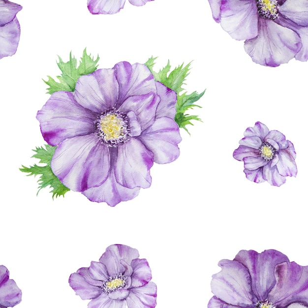 Watercolor hand drawn seamless pattern of purple anemones with green leaves isolated on white background