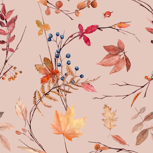 Watercolor hand drawn seamless pattern with autumn leaves and berries