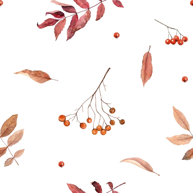 Watercolor hand drawn seamless pattern with autumn leaves and berries