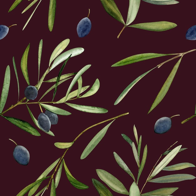 Watercolor hand drawn seamless pattern with olive leaf and olives